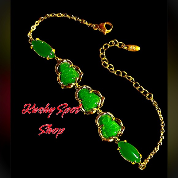 NWOT β¨π§§π²ππππ LUCKY Green Jade BUDDHA in TITANIUM GP Bracelet β¨π²π§§ 7-9βL - Picture 1 of 2